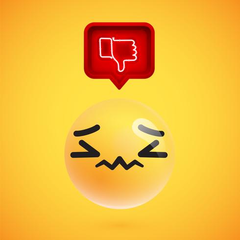 Realistic 3D emoticon with neon glowing dislike sign in a 3D speech bubble, vector illustration