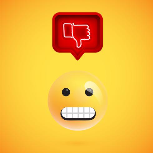 Realistic 3D emoticon with neon glowing dislike sign in a 3D speech bubble, vector illustration