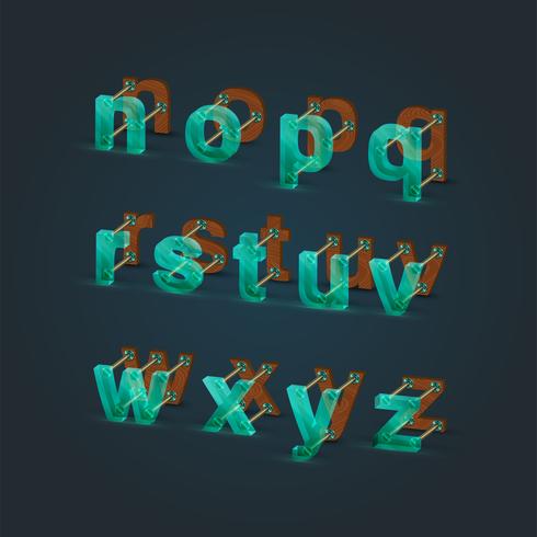 Realistic glass and wood font set, vector illustration