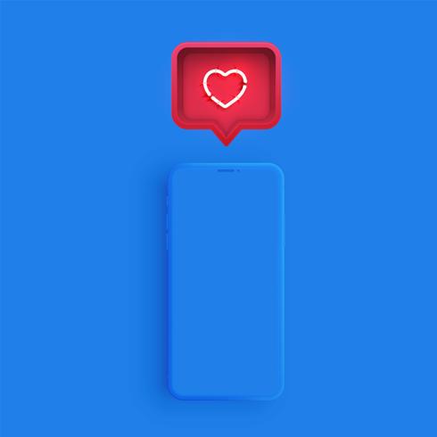 Matte smartphone template with a speech bubble and a neon heart inside, vector illustration