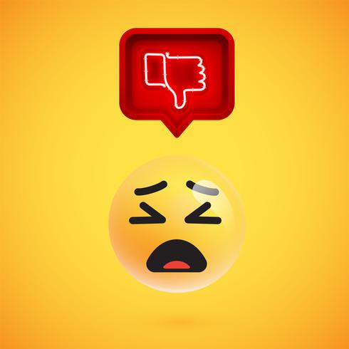 Realistic 3D emoticon with neon glowing dislike sign in a 3D speech bubble, vector illustration