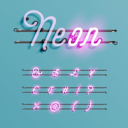 Realistic neon font with wires and console, vector illustration