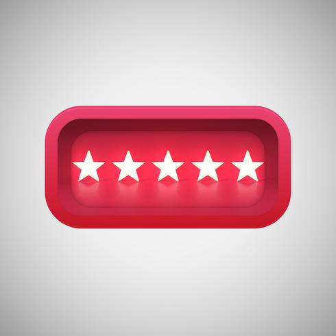 Glowing red star rating in a realistic shiny box, vector illustration