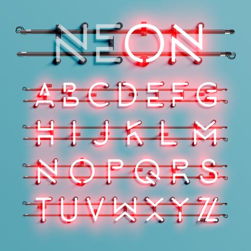 Realistic neon font with wires and console, vector illustration