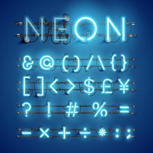 Realistic neon font with wires and console, vector illustration