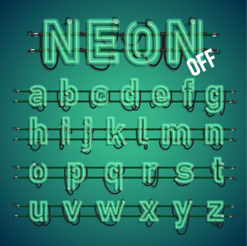 Realistic neon font with wires and console, vector illustration