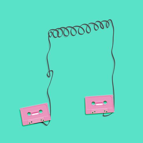 Cassettes realistas retros en colores pastel que forman una nota en el fondo plano, ejemplo del vector