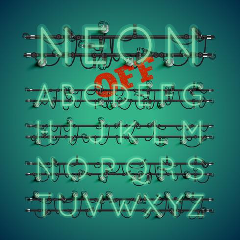 Realistic neon font with wires and console, vector illustration