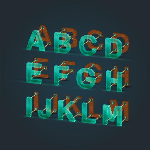 Realistic glass and wood font set, vector illustration