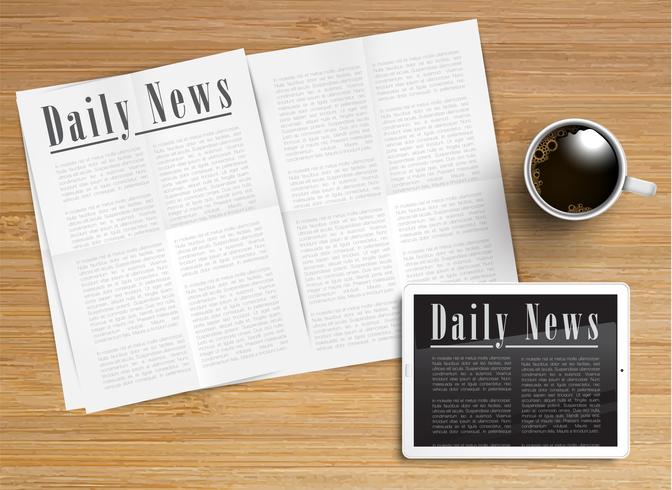 Realistic newspaper with a tablet and a cup of coffee, vector