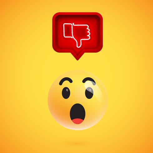 Realistic 3D emoticon with neon glowing dislike sign in a 3D speech bubble, vector illustration