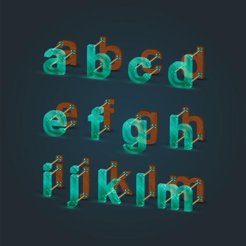 Realistic glass and wood font set, vector illustration