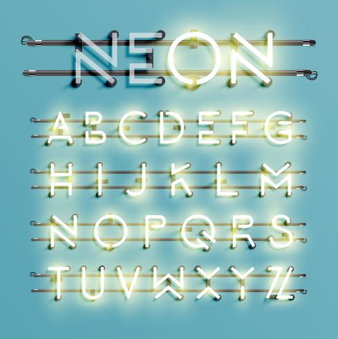 Realistic neon font with wires and console, vector illustration