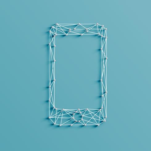 Realistic illustration of a mobile phone icon made by pins and strings, vector