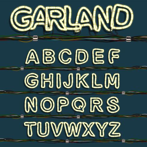 Neon garland font set, vector