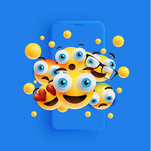 3D and different kinds of emoticons with matte smartphone, vector illustartion