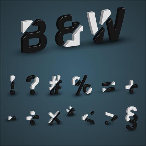 3D black and white font set, vector illustration