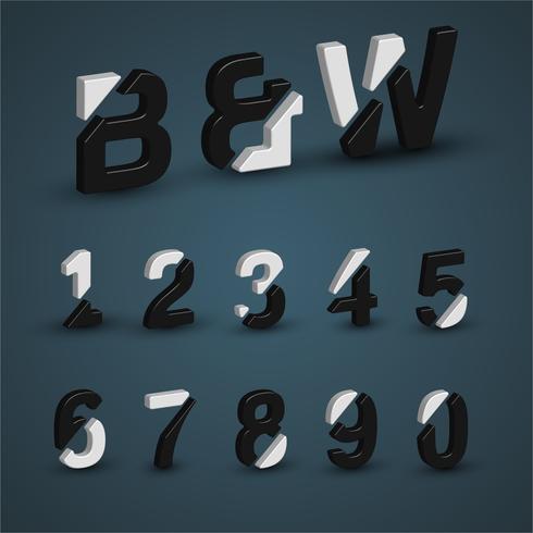 3D black and white font set, vector illustration