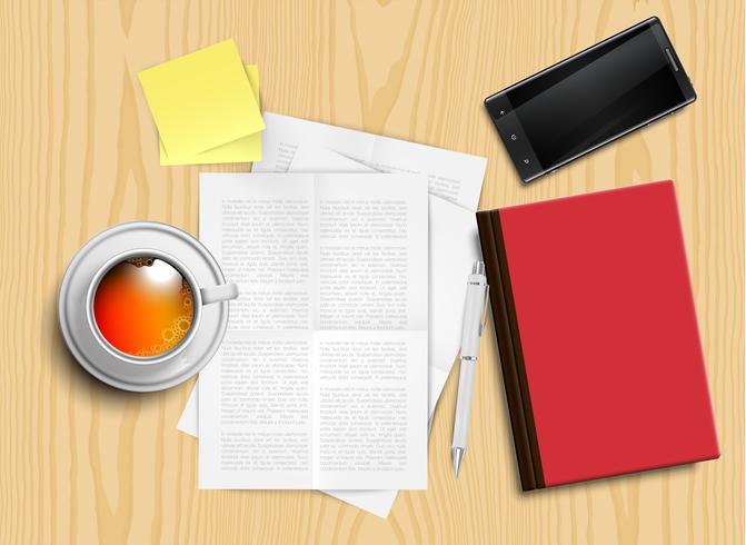 Realistic office desk with different objects, vector illustration