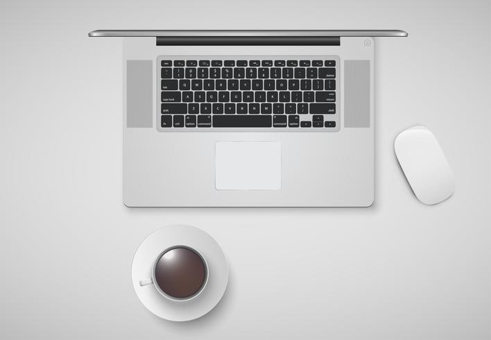 Minimal office with computer, mouse and a cup of coffee, vector illustration