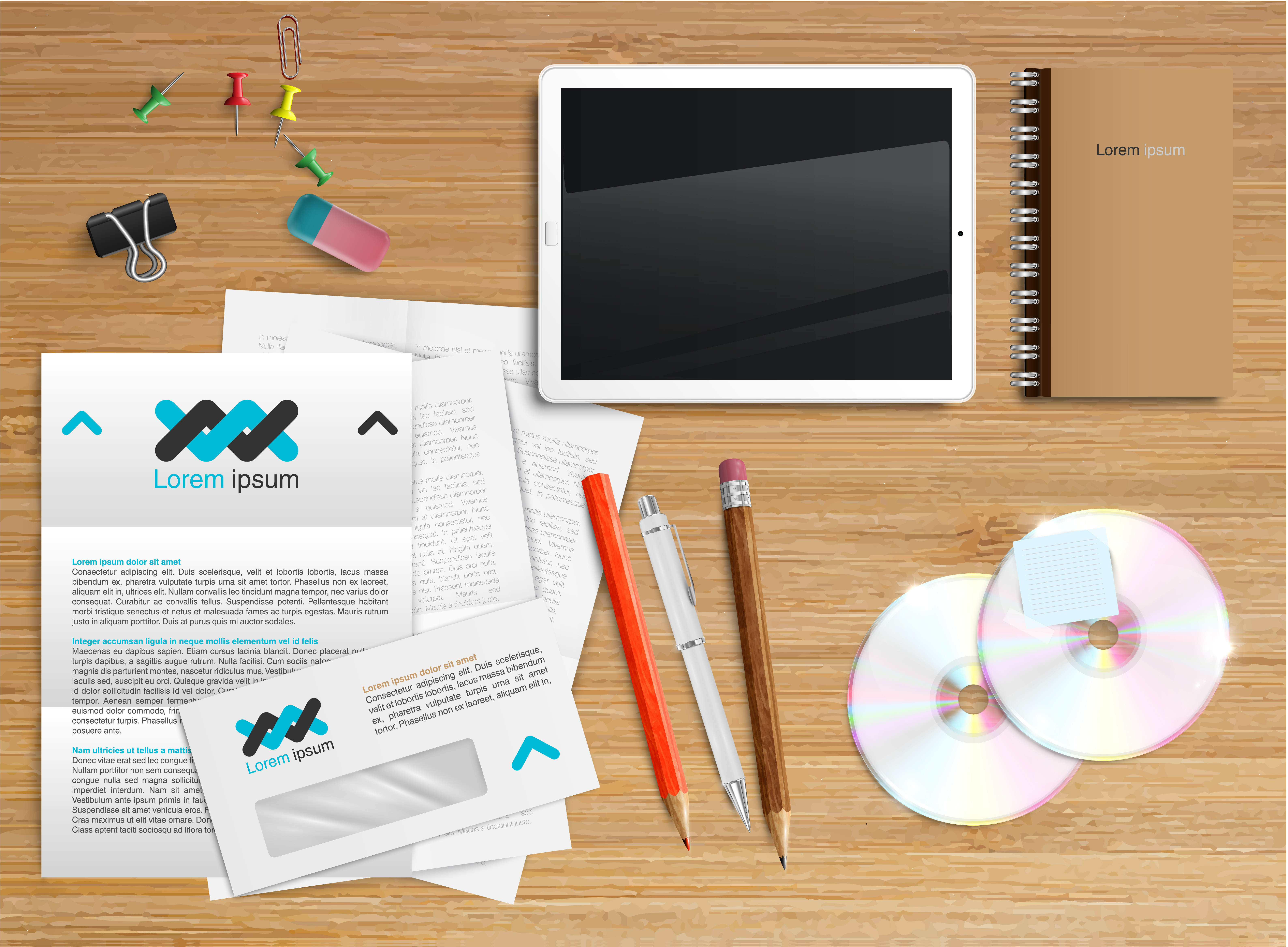 Realistic office desk with different objects, vector illustration