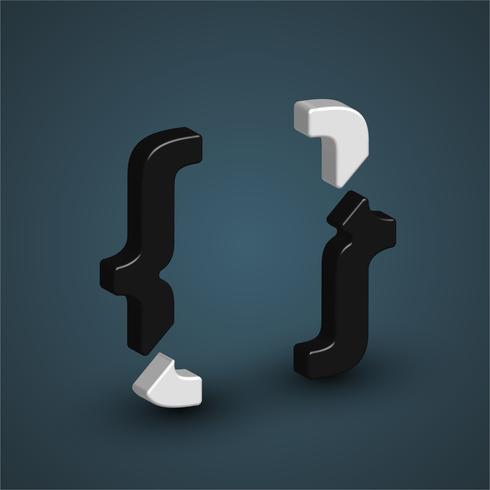 3D black and white character from a font set, vector illustration