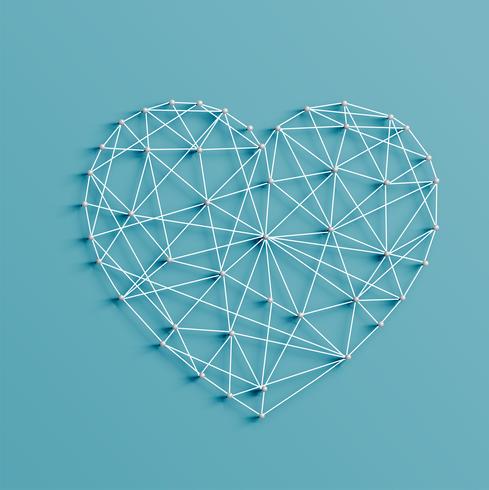 Realistic illustration of a heart made by pins and strings, vector