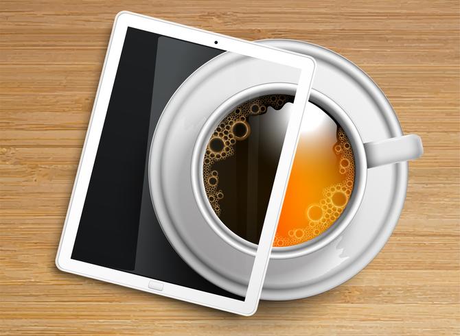 A cup of coffeetea with a tablet vector