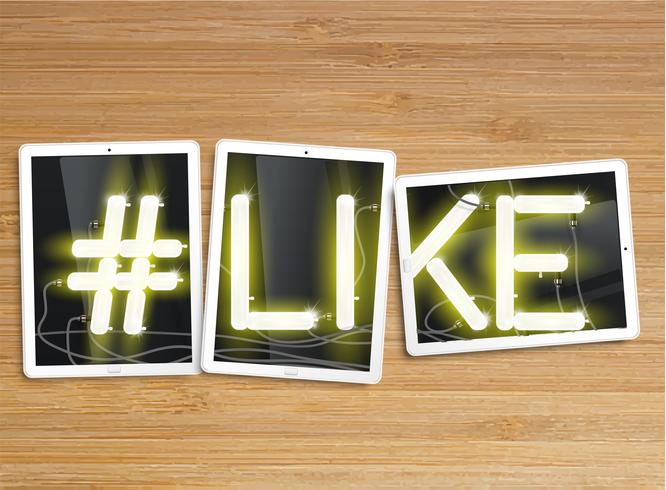 Realistic tablet with neon "#like" and picture frames, vector