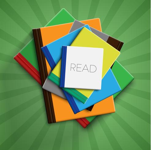 Realistic colorful books with green background and shadow, vector illustration