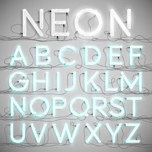 Realistic neon alphabet with wires ON, vector