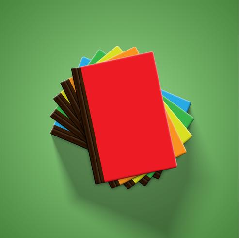 Realistic colorful books with green background and shadow, vector illustration