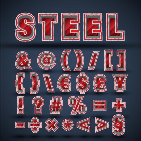 3D red steel font set, vector