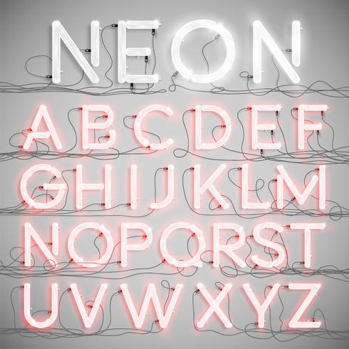 Realistic neon alphabet with wires ON, vector