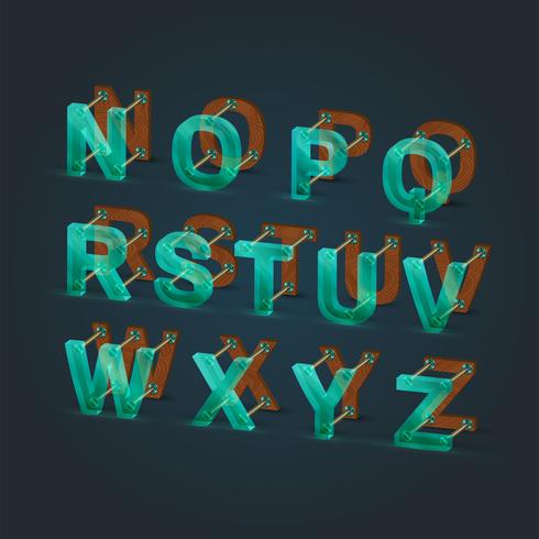 Realistic glass and wood font set, vector illustration