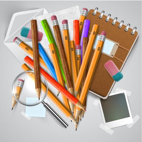 Office or school stuffs and items on white background, vector
