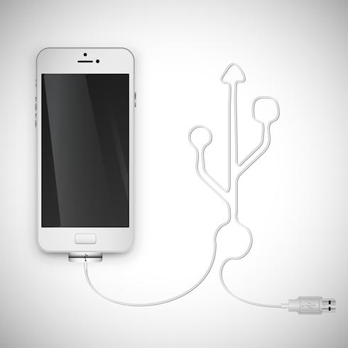 Smartphone realista con cable, ilustración vectorial vector