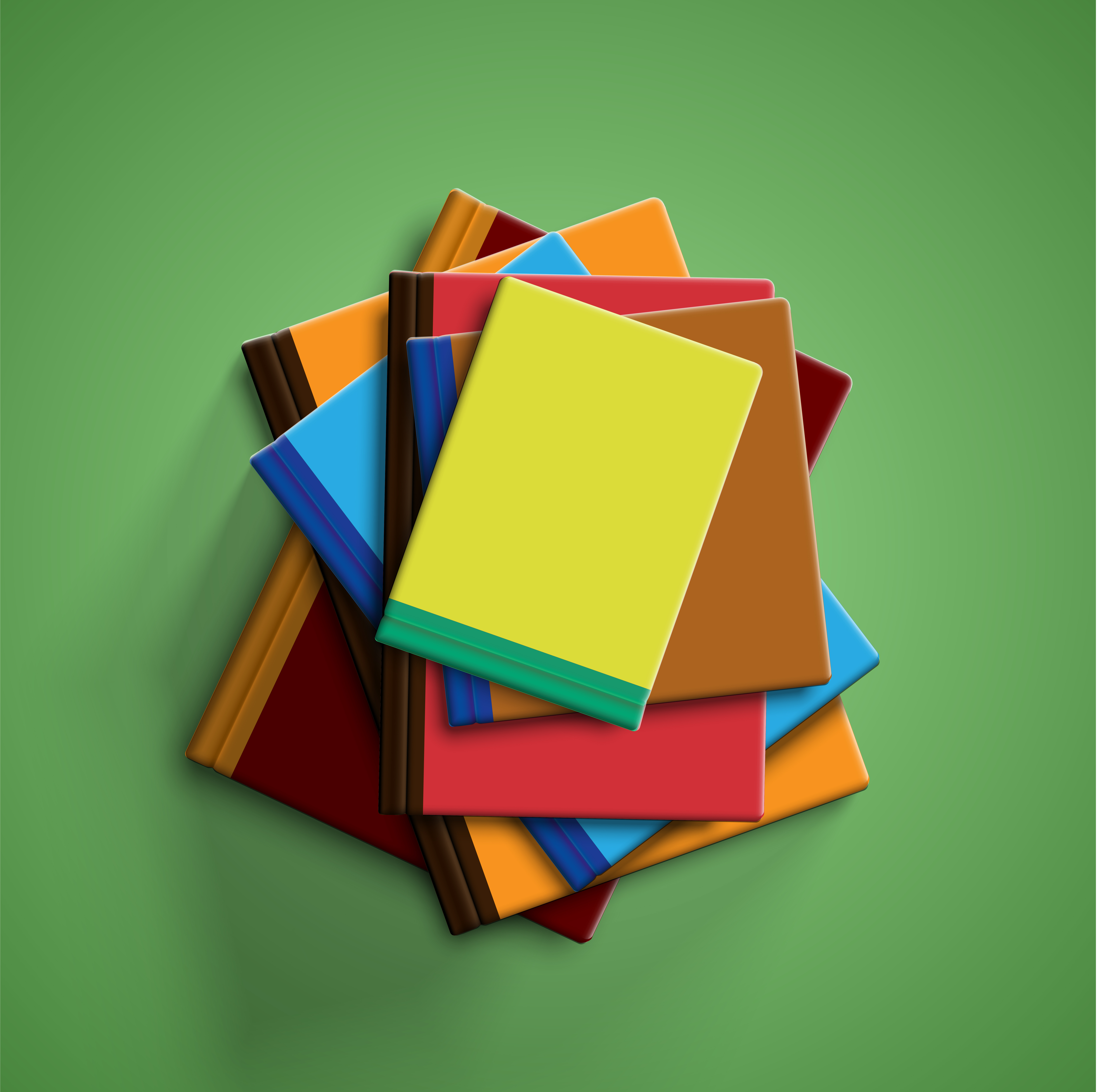 Realistic colorful books with green background and shadow, vector