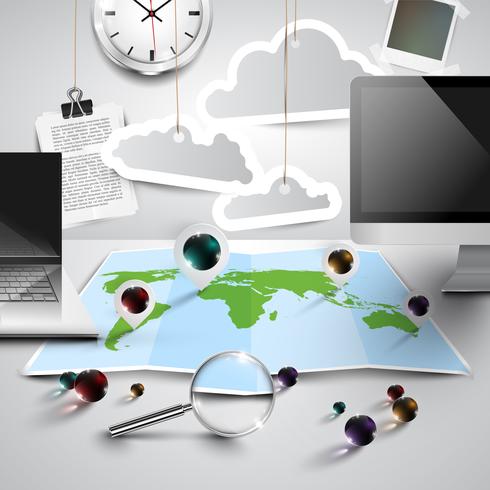 World map in 3D with office tools, cloudy, vector
