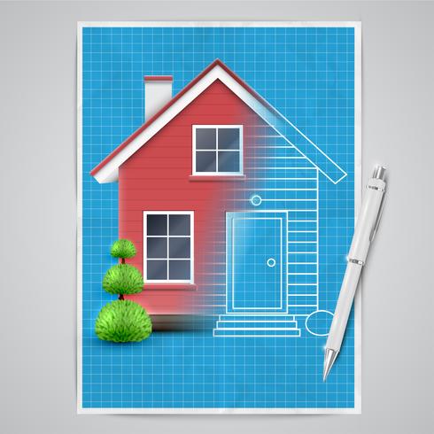 Realistic house with a blueprint, vector
