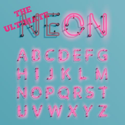 Realistic pink neon character typeset, vector