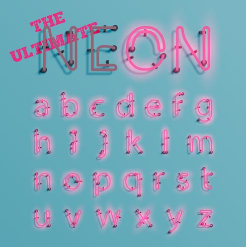 Realistic pink neon character typeset, vector