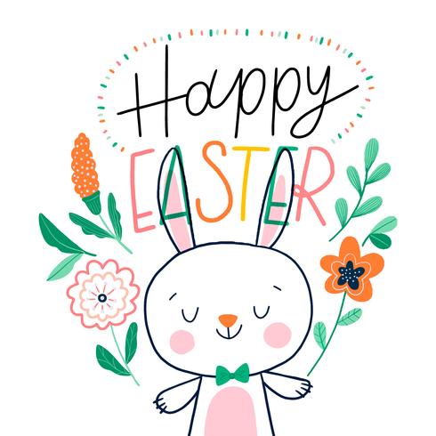 Easter Bunny Character With Orange Flowers And Lettering Around