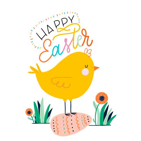 Cute Little Chicken Over Easter Egg And Lettering vector