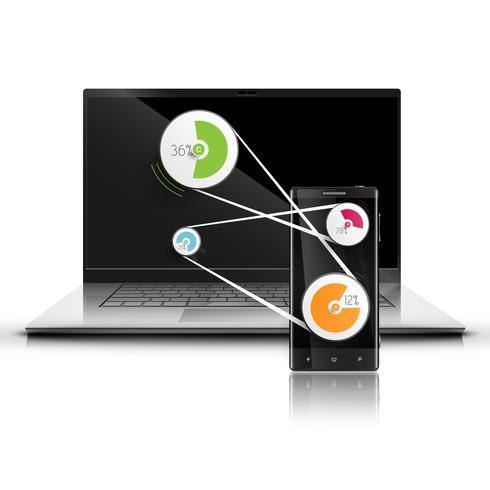 Laptop and mobile phone working together, vector