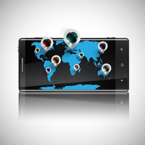 World map with 3D pins on a telephone, vector