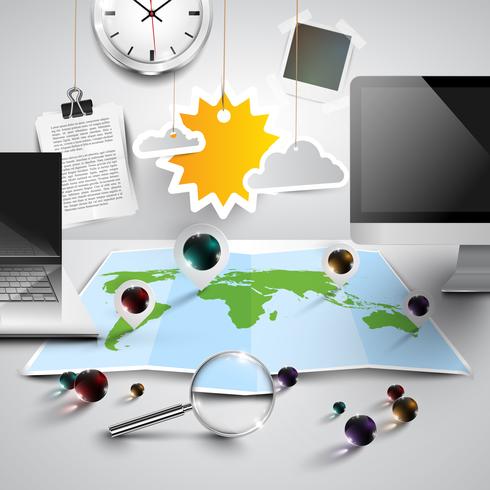 World map in 3D with office tools, sunny, vector
