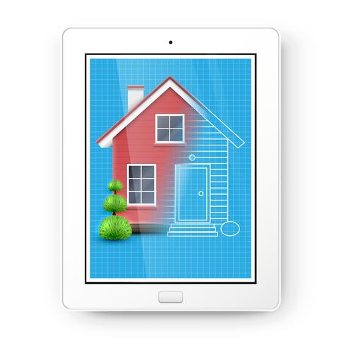 Realistic house with a blueprint on a tablet, vector
