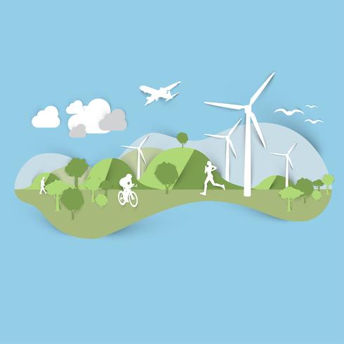 Flat landscape design with windmill and sporting people, vector