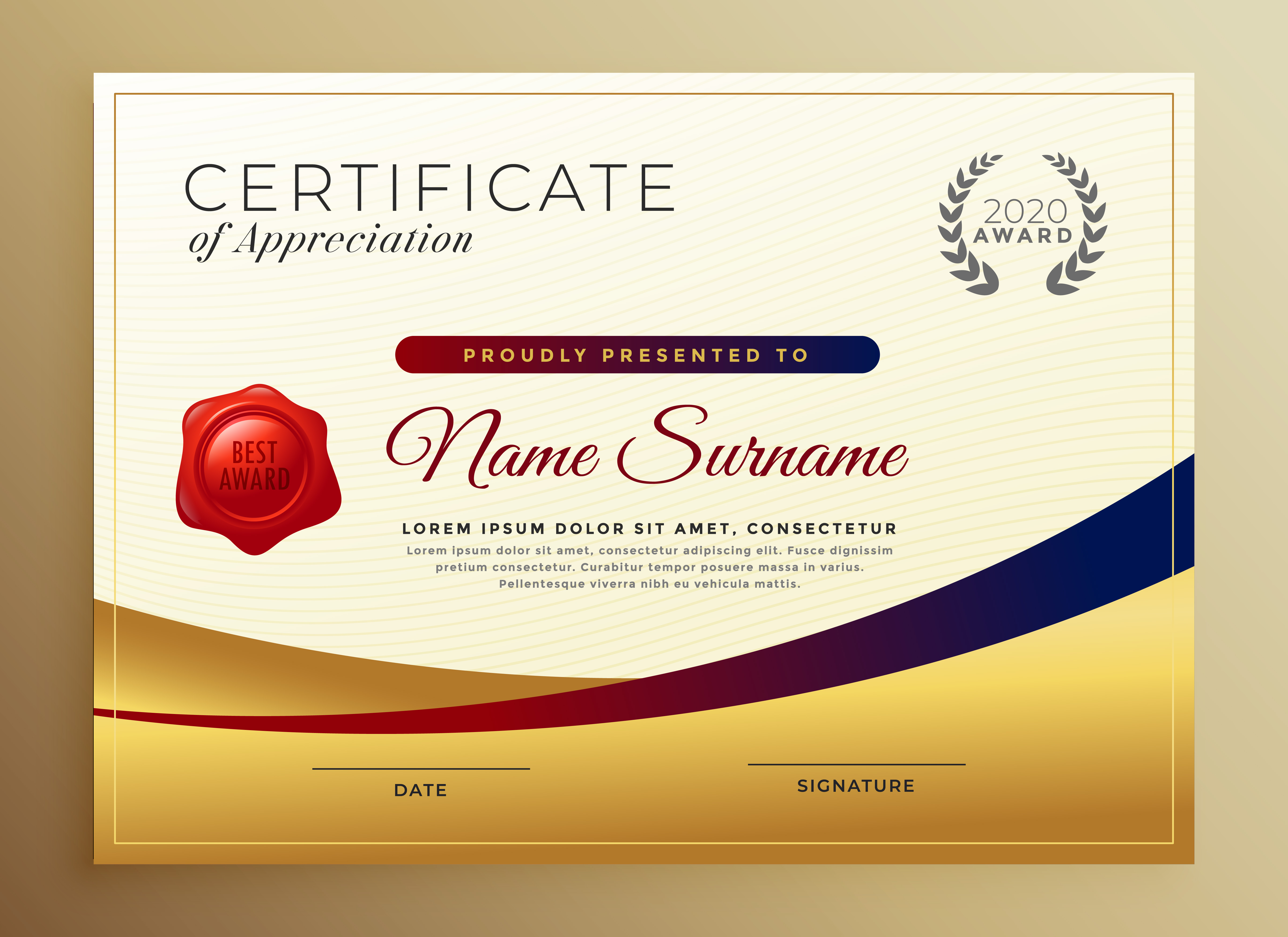 Premium Golden Certificate Of Appreciation Template Download Free 